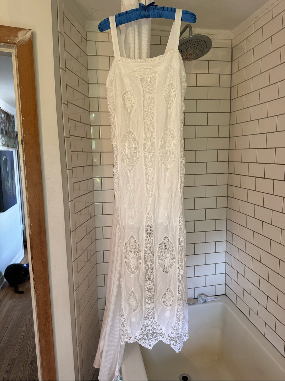 Laffaire brand. White Lace Sheer Slip Dress with Scalloped Hem, Large